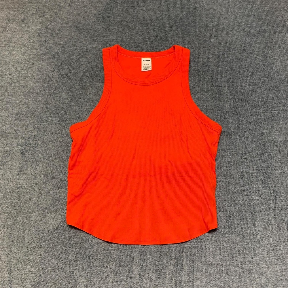Victoria's Secret Pink Tank Top Women M Orange Ribbed Round Neck Racer Back Yoga